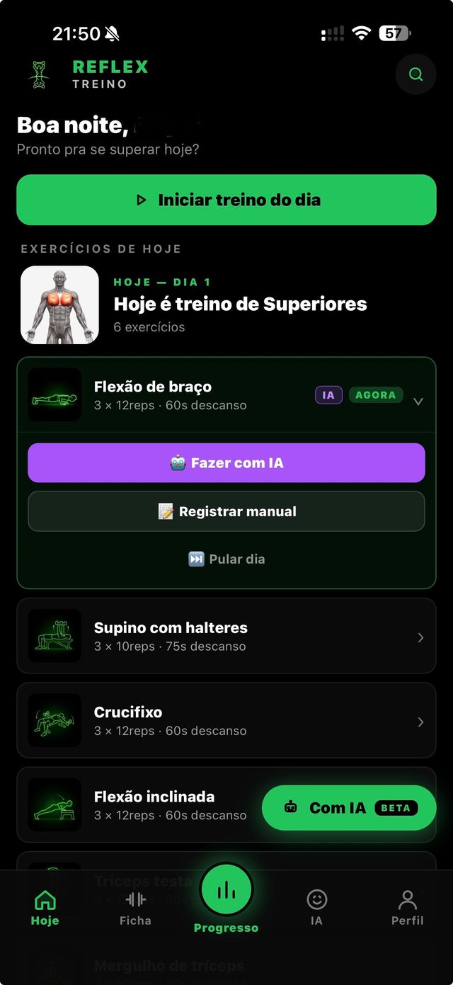Home do Reflex Treino: treino e cardápio do dia